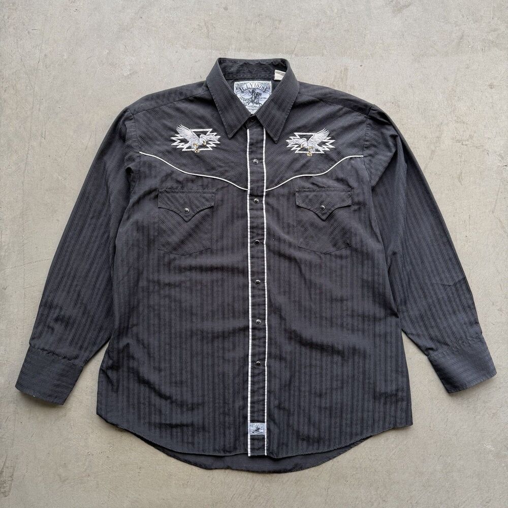 Ely Cattleman Shirt Mens XL Black Embroidered Eagle Western Pearl Snap Striped